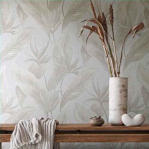 Ref.SILE-054 estancia decorada con hojas tropicales Topo y Dorado y fondo Beige, silence