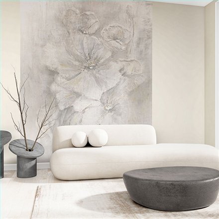 Ref.SILE-055 ambiente con silence mural flores óleo Topo, Gris y Ocre sobre fondo Beige