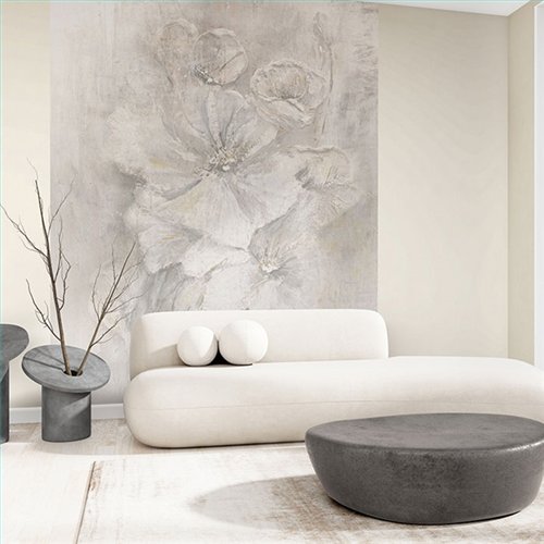 Ref.SILE-055 ambiente con silence mural flores óleo Topo, Gris y Ocre sobre fondo Beige