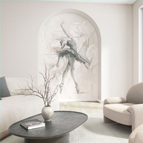 Ref.SILE-067 foto de ambiente mural bailarina silence fondo Topo con Gris, Beige y Blanco Roto
