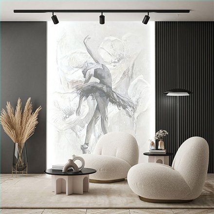 Ref.SILE-067 estancia decorada con mural bailarina Gris, Beige y Blanco Roto y fondo Topo, silence