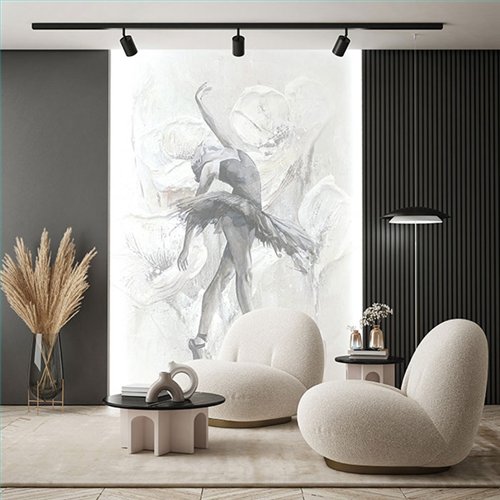Ref.SILE-067 estancia decorada con mural bailarina Gris, Beige y Blanco Roto y fondo Topo, silence