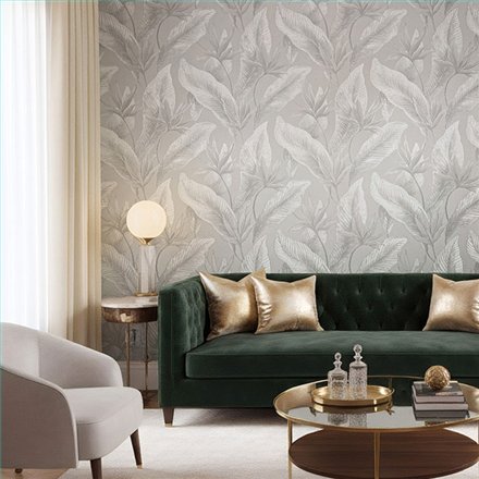 Ref.SILE-071 ambiente con silence hojas tropicales Topo y Plateado sobre fondo Gris