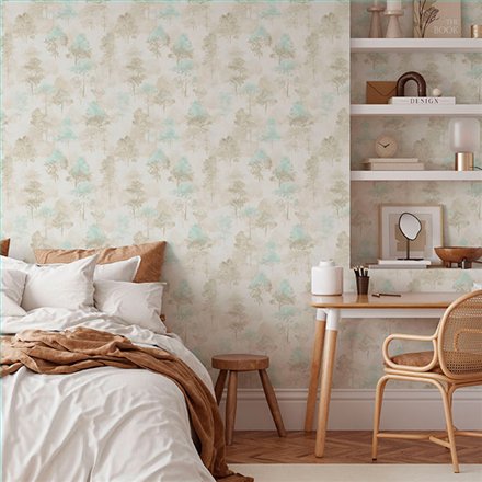 Ref.NATU-010 estancia decorada con bosque acuarela Marrón y Verde y fondo Beige, natura