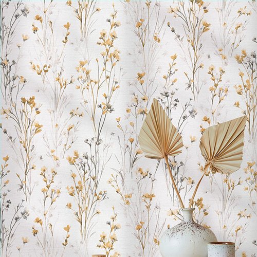 Ref.NATU-041 estancia decorada con ramas silvestres Ocre, Marrón, Topo y Gris y fondo Blanco Roto, natura
