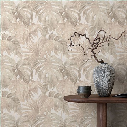 Ref.NATU-043 estancia decorada con hojas tropicales Ocre y Marrón y fondo Beige, natura