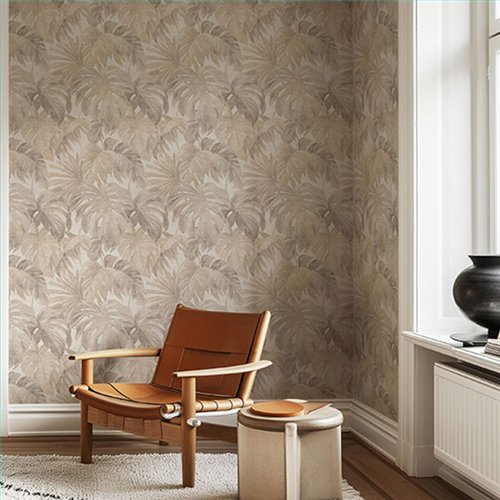 Ref.NATU-043 ambiente real de hojas tropicales natura, sobre fondo Beige en tonos Ocre y Marrón