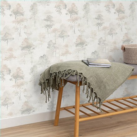Ref.NATU-048 estancia decorada con bosque acuarela Gris y fondo Beige, natura