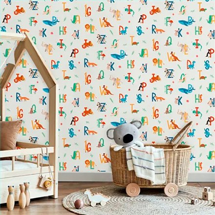 Ref.MG6110 magic - ambiente decorado con fondo Beige con detalles en Multicolor, motivo abecedario animales