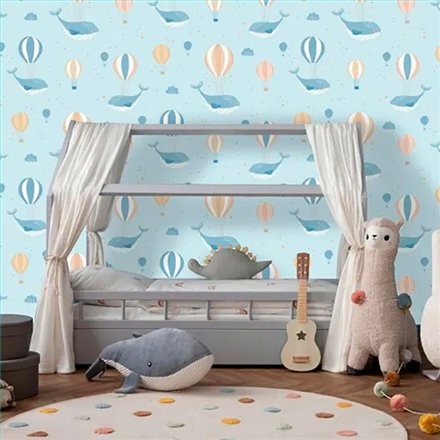 Ref.MG6201 ambiente real de ballenas y globos magic, sobre fondo Azul en tonos Multicolor