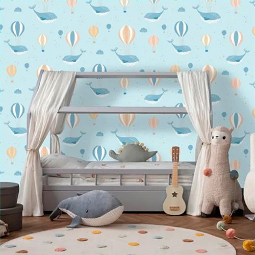 Ref.MG6201 ambiente real de ballenas y globos magic, sobre fondo Azul en tonos Multicolor