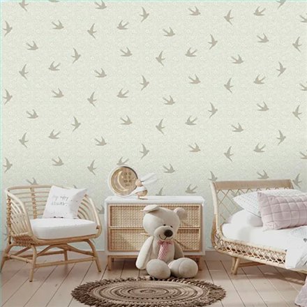 Ref.MG7004 estancia decorada con golondrinas Blanco Roto y Dorado y fondo Verde, magic