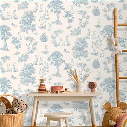 Ref.MG7101 ambiente con magic conejos toile Azul sobre fondo Blanco Roto