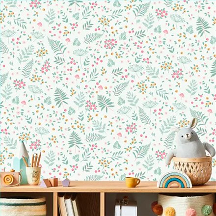 Ref.MG6603 foto de ambiente hojas y bayas magic fondo Blanco con Verde, Rosa y Mostaza