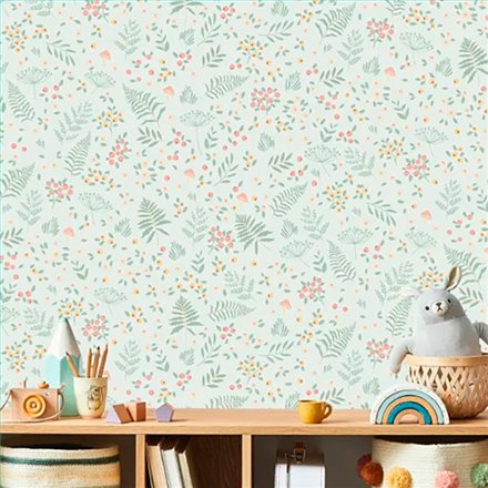 Ref.MG6604 estancia decorada con hojas y bayas Salmón, Mostaza y Beige y fondo Verde, magic