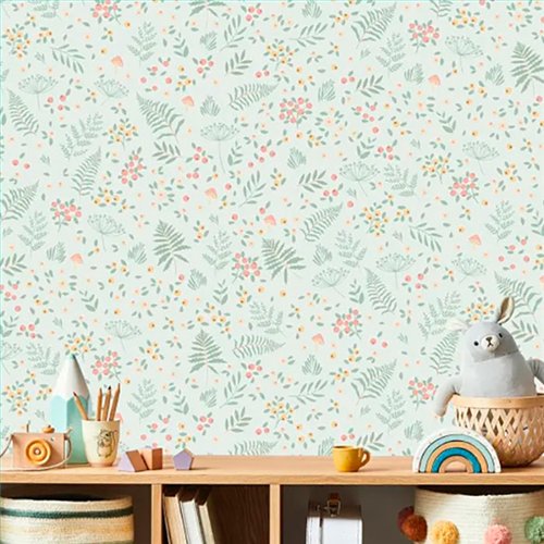 Ref.MG6604 estancia decorada con hojas y bayas Salmón, Mostaza y Beige y fondo Verde, magic