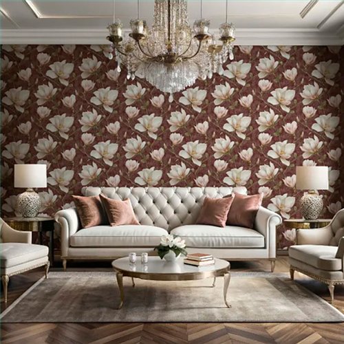 Ref.LR2210 lirico - ambiente decorado con fondo Granate con detalles en Rosa, Topo, Verde y Amarillo, motivo magnolias