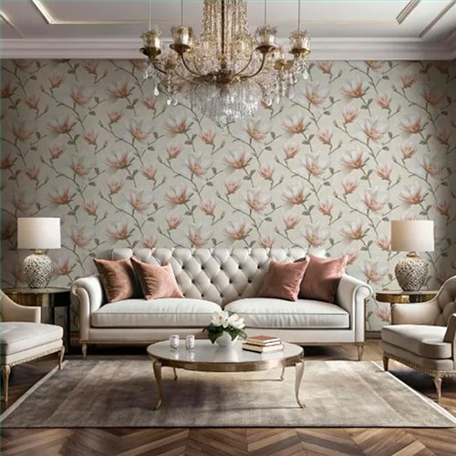 Ref.LR2205 ambiente con lirico magnolias Salmón, Verde, Marrón y Amarillo sobre fondo Beige