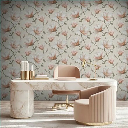 Ref.LR2205 foto de ambiente magnolias lirico fondo Beige con Salmón, Verde, Marrón y Amarillo