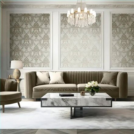 Ref.LR1909 ambiente real de damasco lirico, sobre fondo Gris en tonos Marrón y Plateado