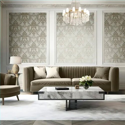 Ref.LR1909 ambiente real de damasco lirico, sobre fondo Gris en tonos Marrón y Plateado