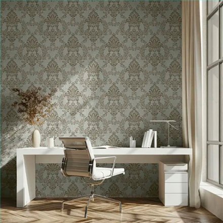 Ref.LR1909 ambiente con lirico damasco Marrón y Plateado sobre fondo Gris