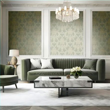 Ref.LR1904 estancia decorada con damasco Marrón y Dorado y fondo Verde, lirico