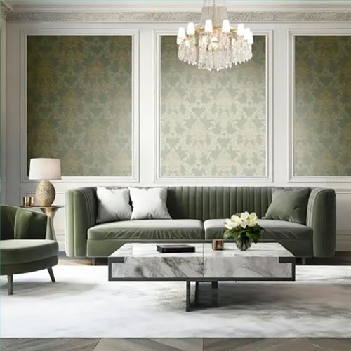 Ref.LR1904 estancia decorada con damasco Marrón y Dorado y fondo Verde, lirico