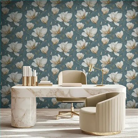 Ref.LR2201 foto de ambiente magnolias lirico fondo Azul con Beige, Verde, Marrón y Amarillo