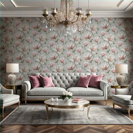 Ref.LR2209 ambiente real de magnolias lirico, sobre fondo Gris en tonos Topo, Beige, Rosa, Verde y Amarillo