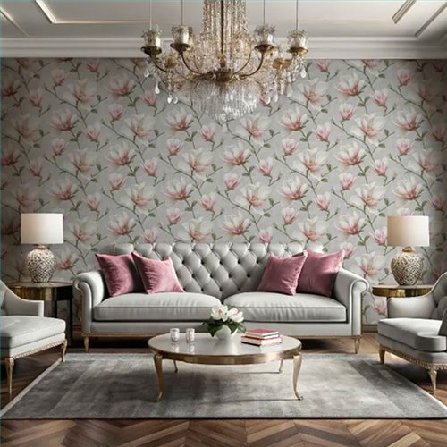 Ref.LR2209 ambiente real de magnolias lirico, sobre fondo Gris en tonos Topo, Beige, Rosa, Verde y Amarillo