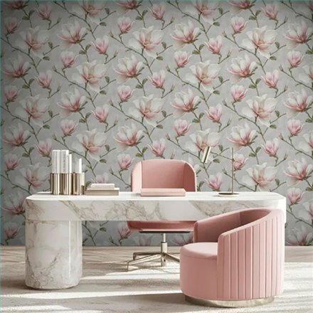 Ref.LR2209 ambiente con lirico magnolias Topo, Beige, Rosa, Verde y Amarillo sobre fondo Gris