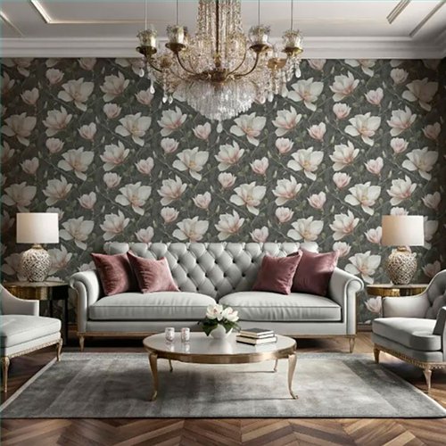 Ref.LR2219 foto de ambiente magnolias lirico fondo Gris con Rosa, Beige, Marrón, Verde y Amarillo