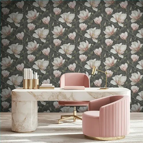 Ref.LR2219 estancia decorada con magnolias Rosa, Beige, Marrón, Verde y Amarillo y fondo Gris, lirico
