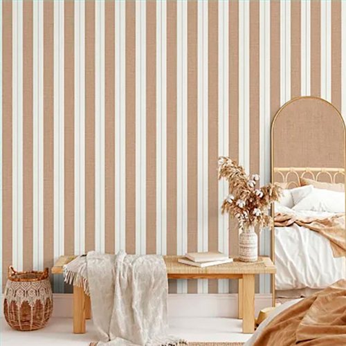 Ref.LR5608 ambiente real de rayas textiles lirico, sobre fondo Blanco Roto en tonos Marrón