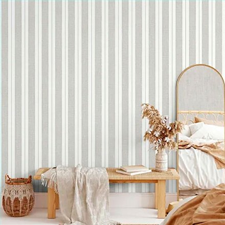 Ref.LR5617 ambiente con lirico rayas textiles Topo y Marrón sobre fondo Blanco Roto