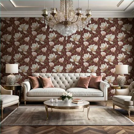 Ref.LR2210 lirico - ambiente decorado con fondo Granate con detalles en Rosa, Topo, Verde y Amarillo, motivo magnolias