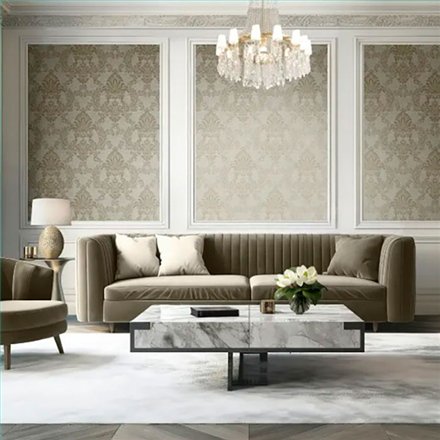 Ref.LR1907 ambiente real de damasco lirico, sobre fondo Beige en tonos Ocre y Dorado