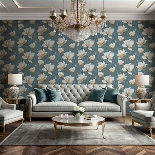 Ref.LR2201 foto de ambiente magnolias lirico fondo Azul con Beige, Verde, Marrón y Amarillo