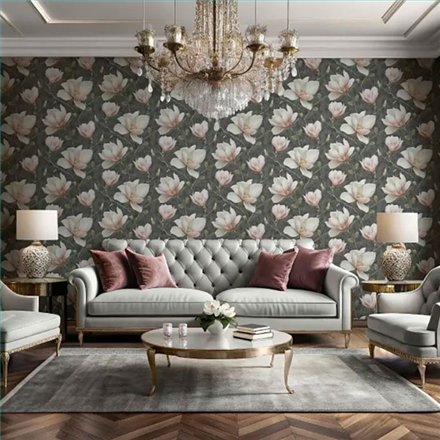 Ref.LR2219 estancia decorada con magnolias Rosa, Beige, Marrón, Verde y Amarillo y fondo Gris, lirico