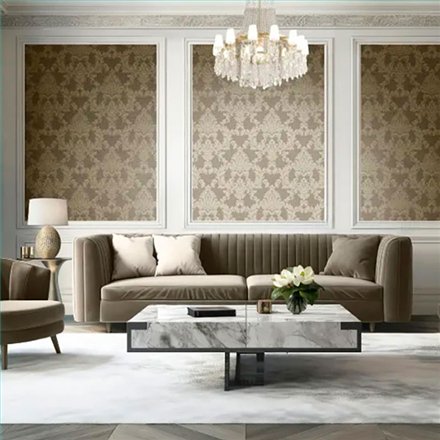 Ref.LR1908 estancia decorada con damasco Dorado y fondo Marrón, lirico