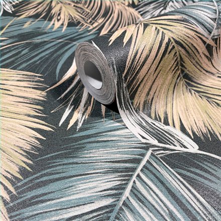 Ref.SP9054 ambiente con supreme hojas de palmera Blanco Roto y Beige sobre fondo Verde