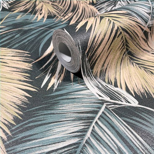 Ref.SP9054 ambiente con supreme hojas de palmera Blanco Roto y Beige sobre fondo Verde