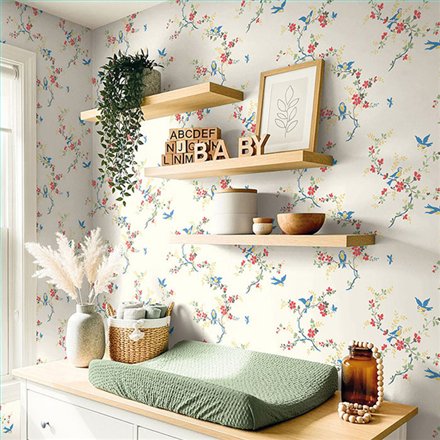 Ref.LB50611 foto de ambiente pájaros en rama dolly mixtures fondo Blanco Roto con Azul, Rojo, Amarillo, Verde y Gris