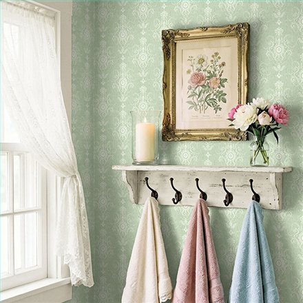 Ref.LB51604 estancia decorada con damasco medallón Blanco Roto y fondo Verde, dolly mixtures