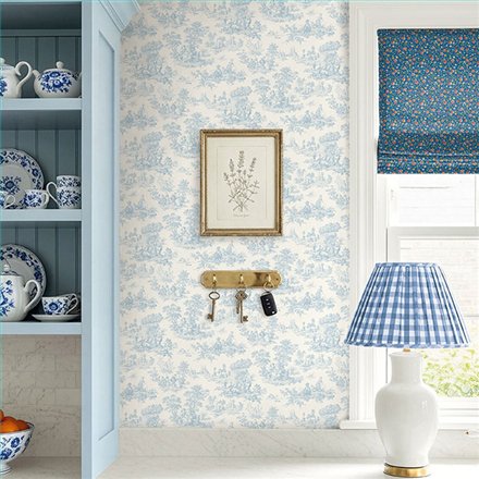 Ref.LB51702 estancia decorada con toile de jouy Azul y fondo Blanco Roto, dolly mixtures