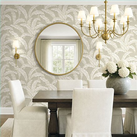 Ref.EW52008 white accents - ambiente decorado con fondo Gris con detalles en Blanco Roto y Beige, motivo hojas de banano