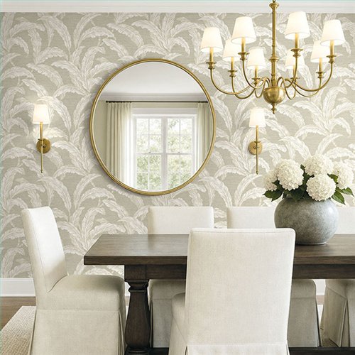Ref.EW52008 white accents - ambiente decorado con fondo Gris con detalles en Blanco Roto y Beige, motivo hojas de banano