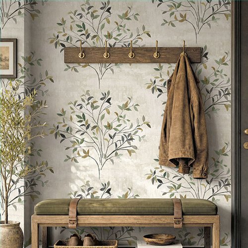 Ref.EW51704 foto de ambiente ramas acuarela white accents fondo Beige con Verde, Ocre, Marrón, Gris y Topo