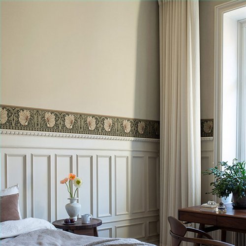 Ref.182109 ambiente con hidden treasures tulipanes entrelazados Beige y Verde sobre fondo Marrón